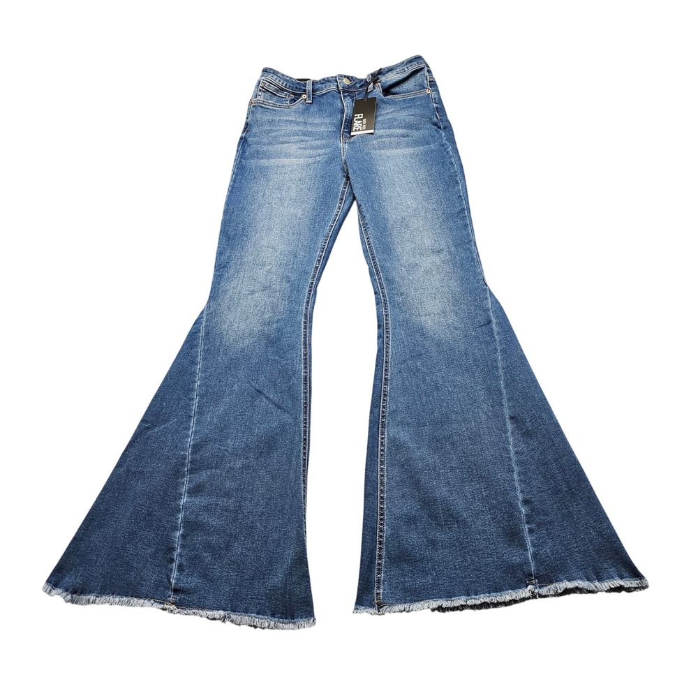 Refuge Denim High Rise Flare Jeans Womens 9 Blue Medium Wash Raw Hem Bell Bottom